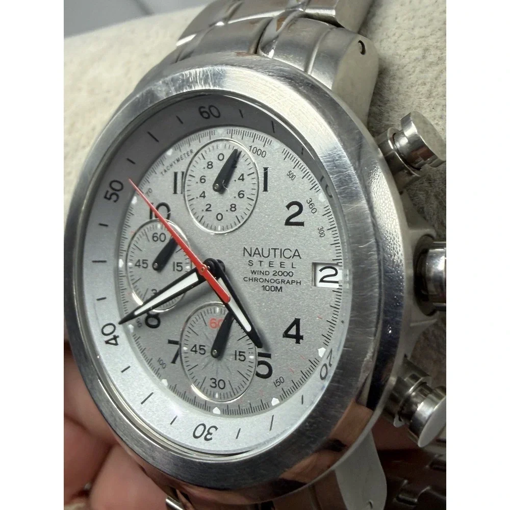 Nautica Steel Wind 2000 13001G New Battery Mens Diver Watch 39MM 6.5